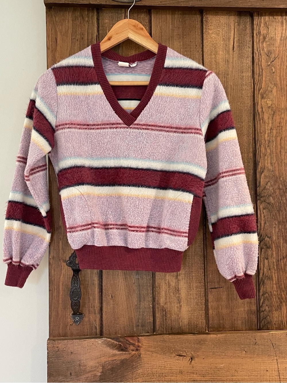 Vintage 1970's Variety Brand High Pile V Neck Stripe Brushed Sweatshirt Fits XS